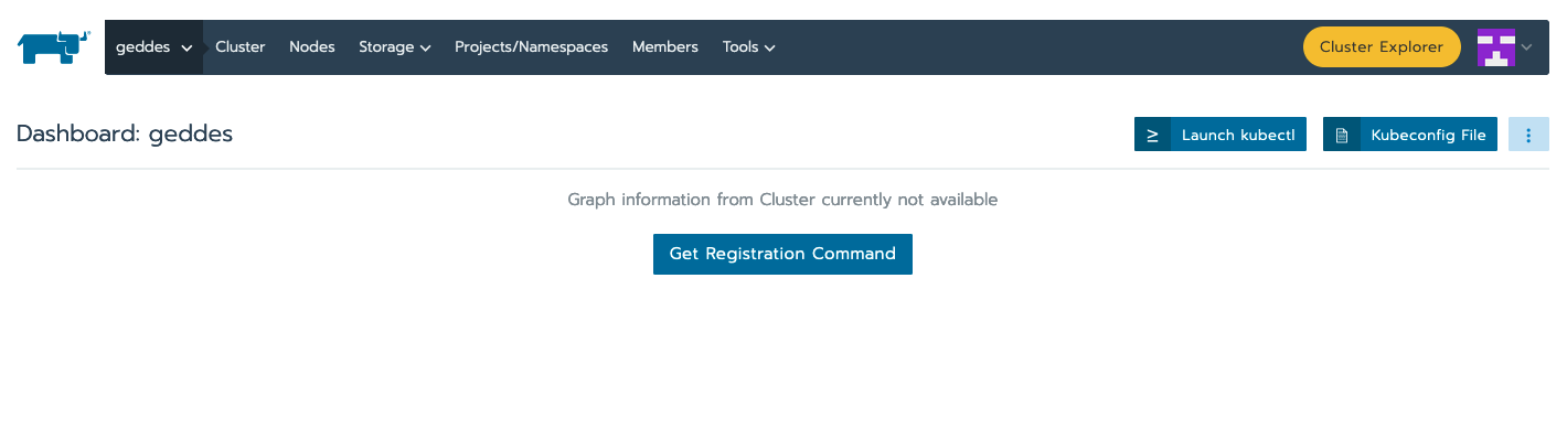 Rancher screen for the Geddes dashboard after the cluster has been selected.